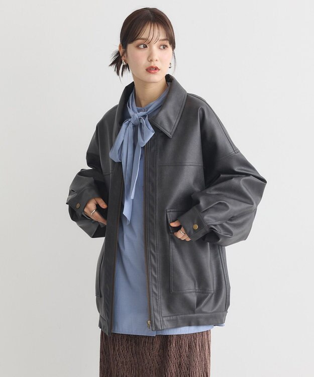 earth music&ecology フェイクレザージップジャケット Dark Brown