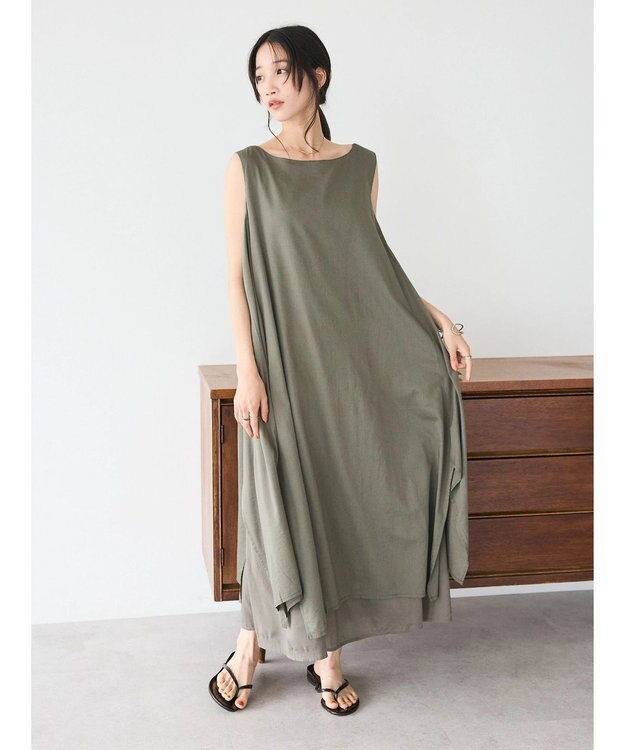 CRAFT STANDARD BOUTIQUE インド綿混フレアワンピース Khaki