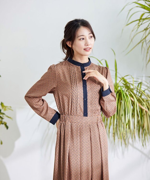 Tiaclasse 【新色追加・洗える】配色バンドカラー幾何学柄ワンピース オレンジ