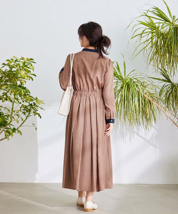 Tiaclasse 【新色追加・洗える】配色バンドカラー幾何学柄ワンピース オレンジ