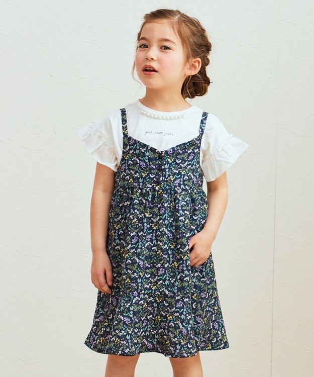 ANY KIDS フラワープリント キャミ ワンピース ネイビー系
