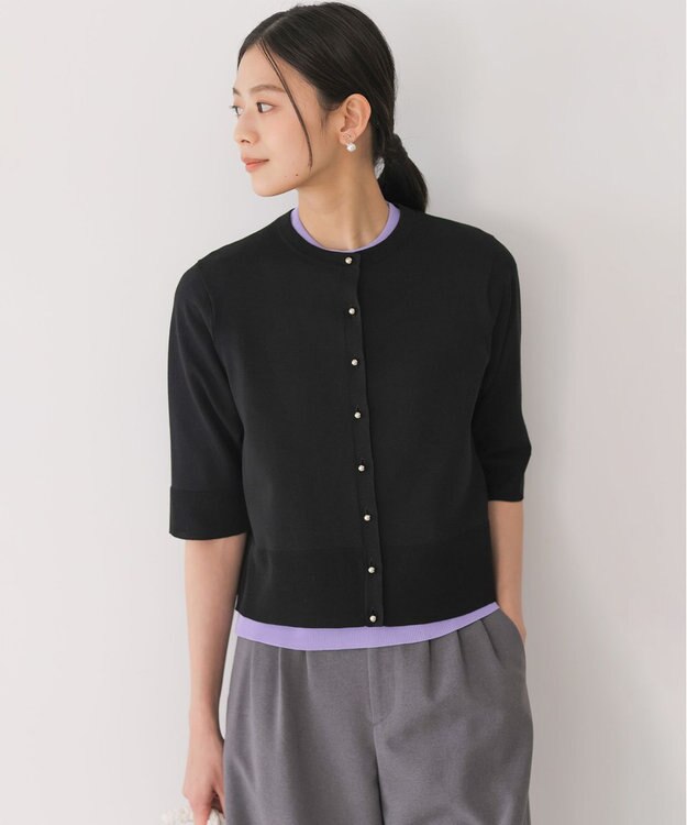 組曲 シアーニット5分袖 カーディガン ブラック系