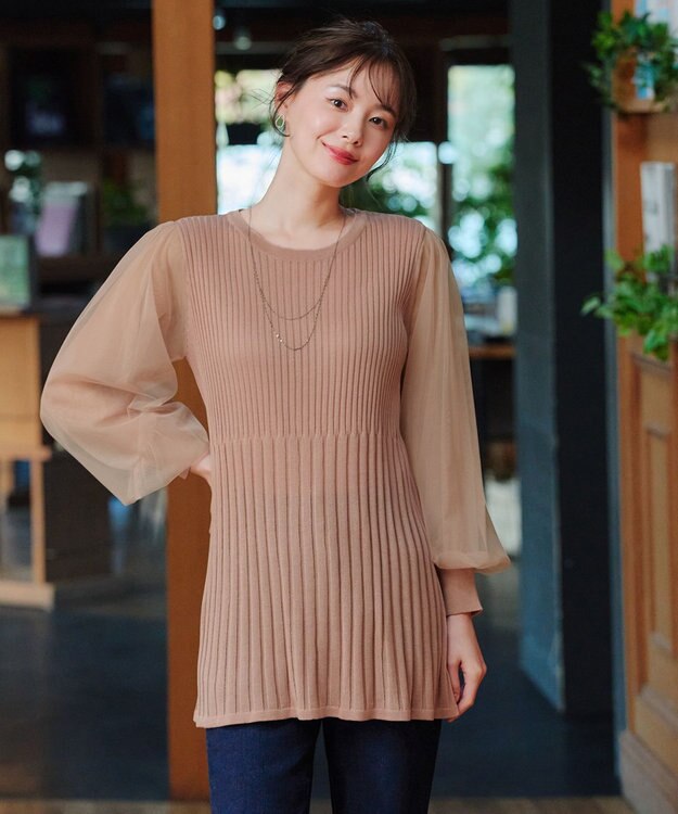 Tiaclasse チュールスリーブニットチュニック ピンク