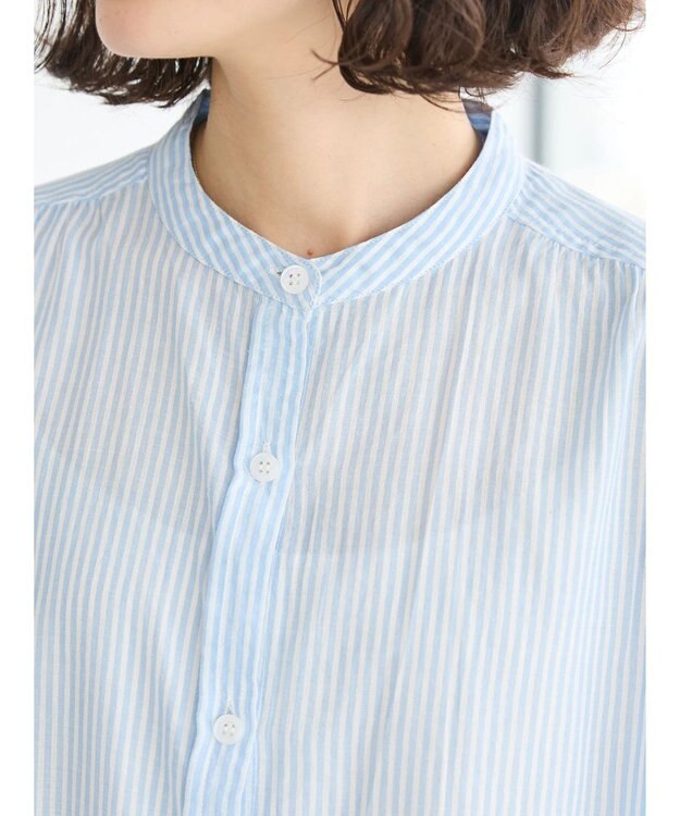 CRAFT STANDARD BOUTIQUE インド綿バンドカラーワンピース Stripe Sax