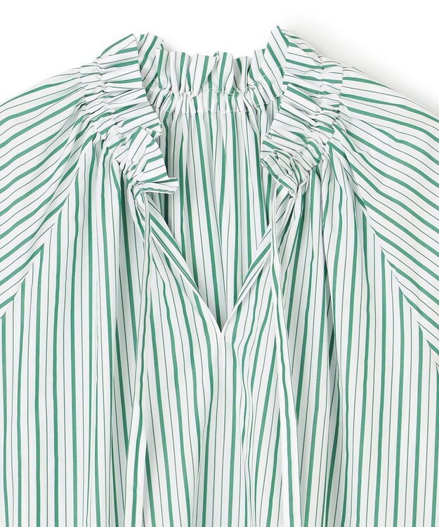 UNFILO フリルネック ブラウス グリーンストライプ
