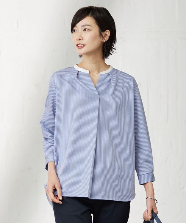 J.PRESS LADIES L ピンストライプジャージー バンドカラー スキッパー カットソー ブルー系1