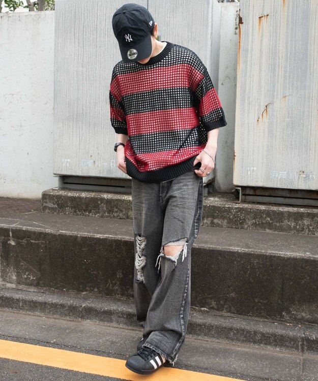 WEGO 【３点SET】アンサンブルメッシュニットプルオーバー（SS） レッドボーダー