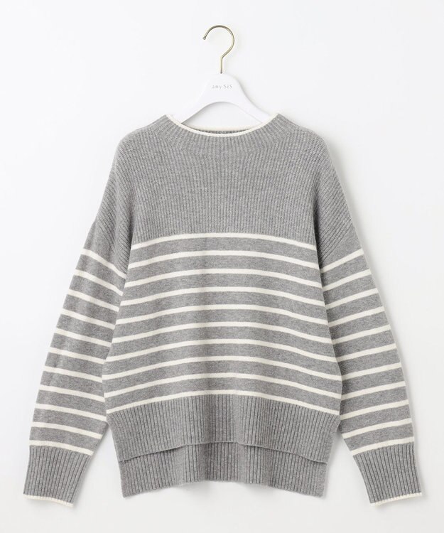 ANY SIS 【洗える】アンゴラブレンド ニット グレー×オフボーダー