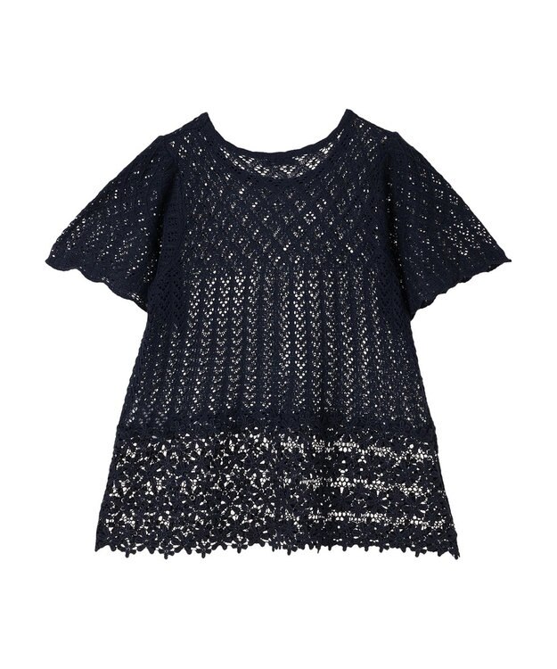 earth music&ecology 裾レース透かしニットプルオーバー Navy