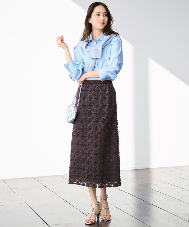 自由区 【着回し力抜群・レイヤードにも】ドレープブロード シャツブラウス サックス×白ライン