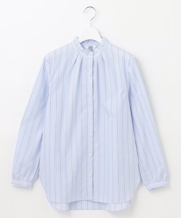 J.PRESS LADIES 【洗える】ランダムストライプ フリルネック ブラウス サックスブルー系1