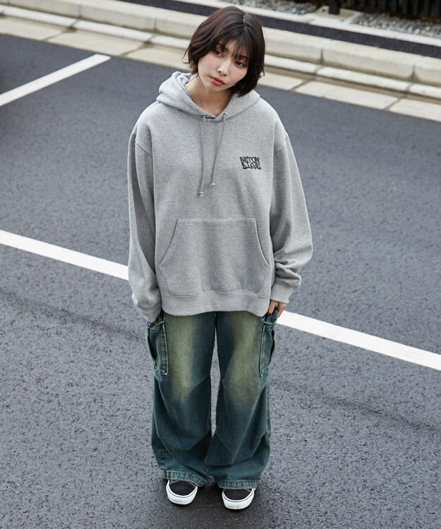 WEGO 【裏起毛/ユニセックス着用ITEM】リラックスフィットグラフィックパーカー 杢グレー