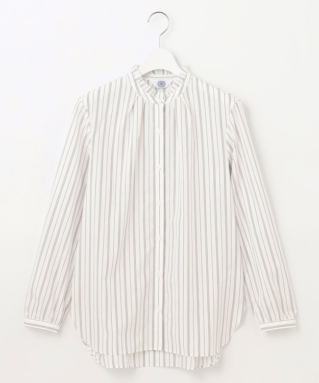 J.PRESS LADIES 【洗える】ランダムストライプ フリルネック ブラウス ホワイト系1