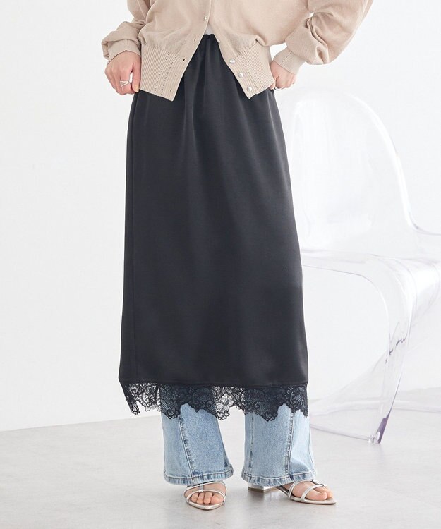 earth music&ecology サテンレーススカート Black