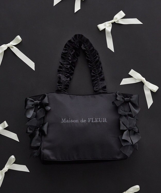 Maison de FLEUR リボンギャザーハンドルトートバッグ Black
