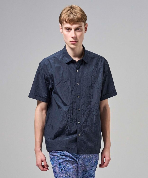 JOSEPH HOMME 【新素材】ランダムプリーツワッシャー　レギュラーカラー半袖シャツ ネイビー系