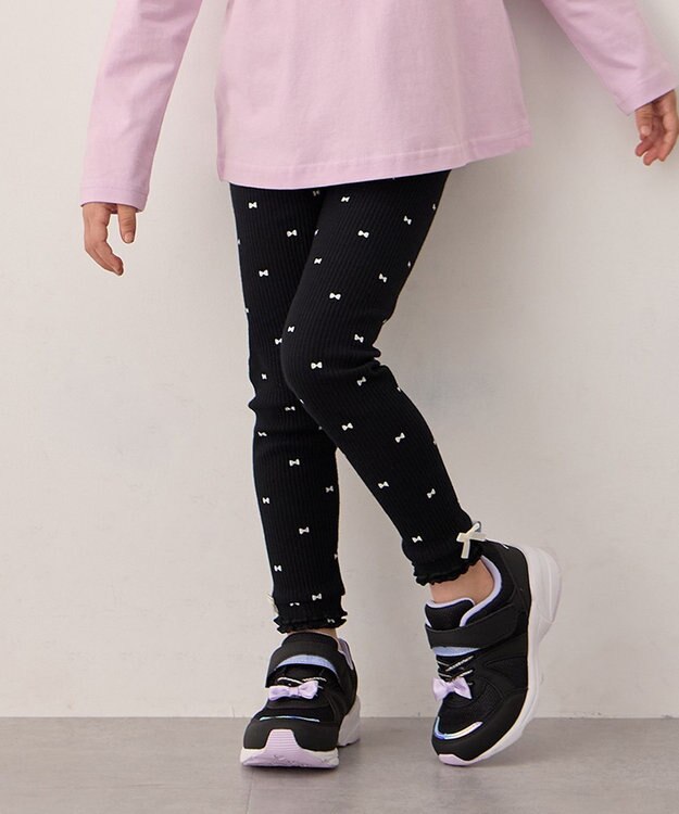 ANY KIDS 総柄テレコ レギンス ブラック×リボン