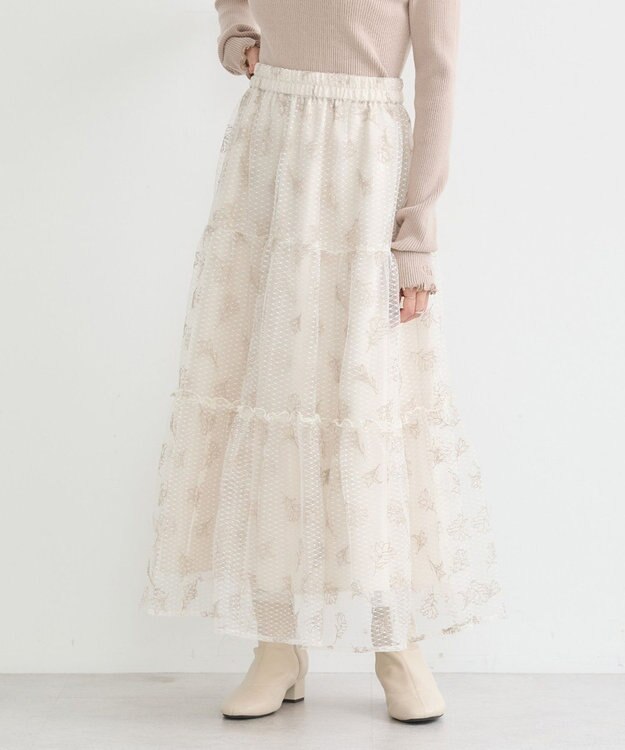 earth music&ecology フラワー刺繍チュールスカート Ivory