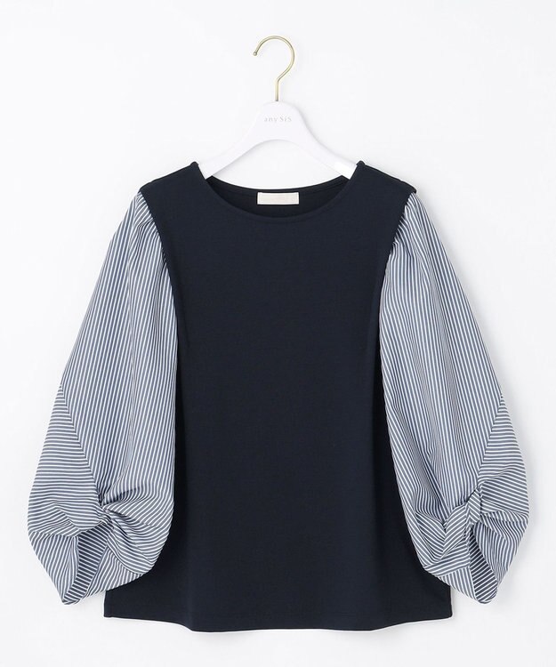 ANY SIS 【洗える】異素材コンビネジリパフ袖 プルオーバー ネイビー×ネイビーストライプ