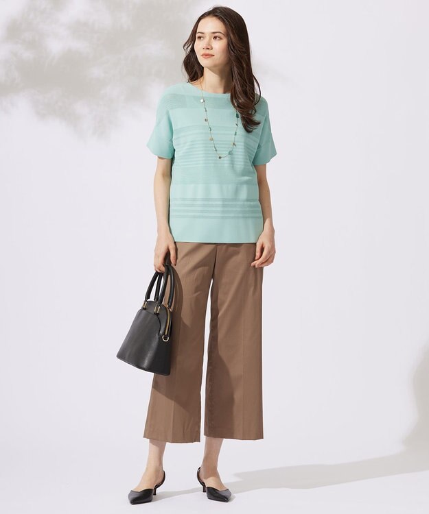 自由区 【UVカット・洗える】クレープストレッチボーダー ニット アクア