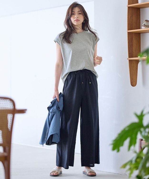 ANY 【ウエストゴム】リネンレーヨンワイドパンツ ブラック