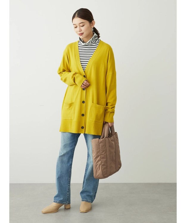 Green Parks もちやわ　Ｖネックミディ丈ニットカーディガン Yellow