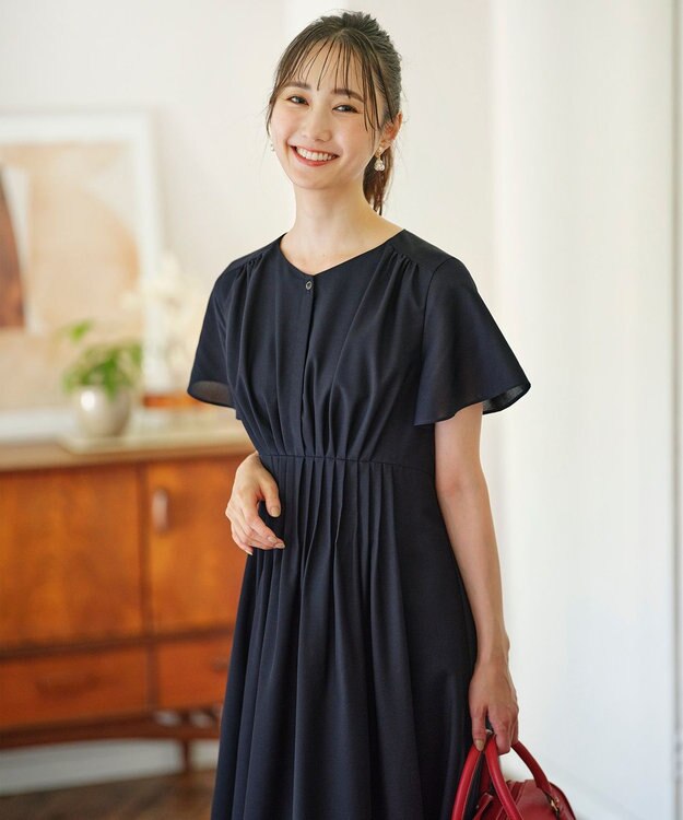 ANY SIS 【洗える】ピンタックハイウエスト ワンピース ネイビー