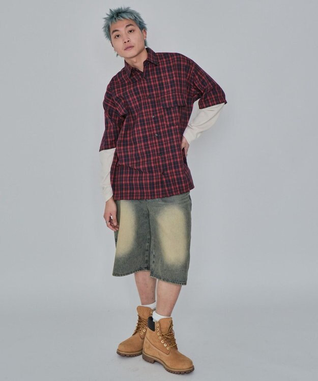 WEGO 【ユニセックス着用ITEM/MLサイズ展開】チェックレイヤードシャツ（LS） レッドチェック1