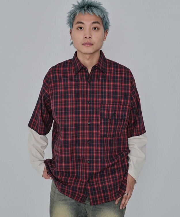 WEGO 【ユニセックス着用ITEM/MLサイズ展開】チェックレイヤードシャツ（LS） レッドチェック1