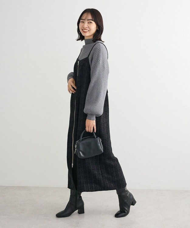 Green Parks フロントＺＩＰツイードキャミワンピース Black