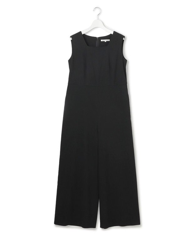 23区 S 【洗える】リネンレーヨンストレッチ スクエアネック オールインワン ブラック系