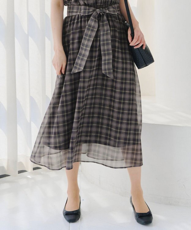 Tiaclasse L 【新色追加・洗える】チェック柄フレア袖シアーワンピース チャコールグレー