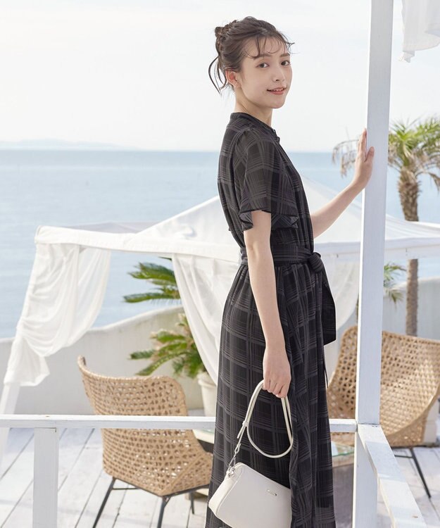 Tiaclasse 【新色追加・洗える】チェック柄フレア袖シアーワンピース ブラック