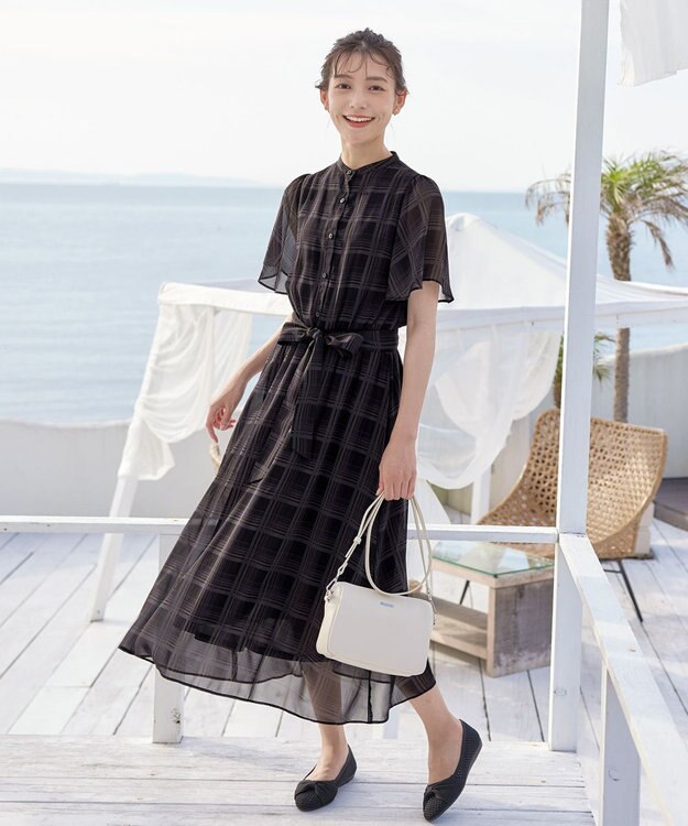 Tiaclasse L 【新色追加・洗える】チェック柄フレア袖シアーワンピース ブラック