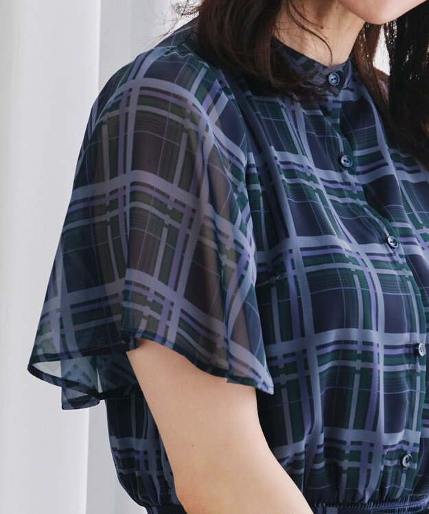 Tiaclasse L 【新色追加・洗える】チェック柄フレア袖シアーワンピース ネイビー