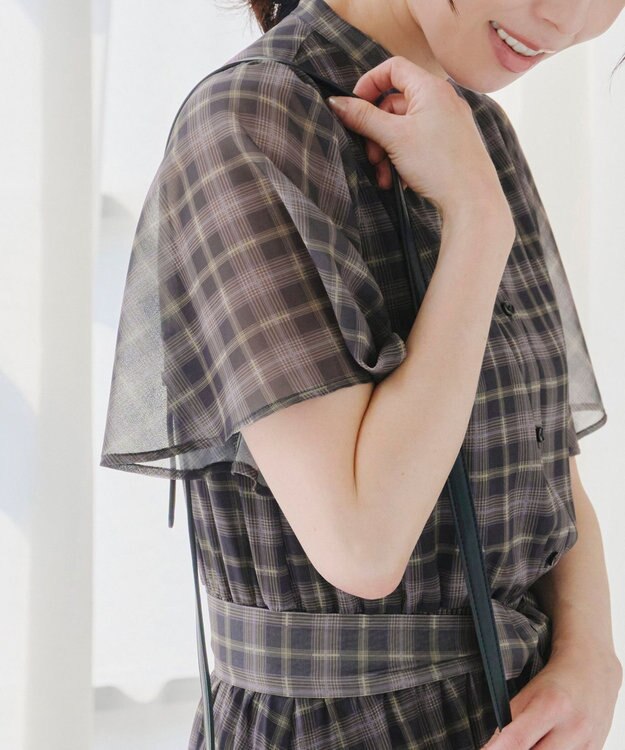 Tiaclasse L 【新色追加・洗える】チェック柄フレア袖シアーワンピース チャコールグレー