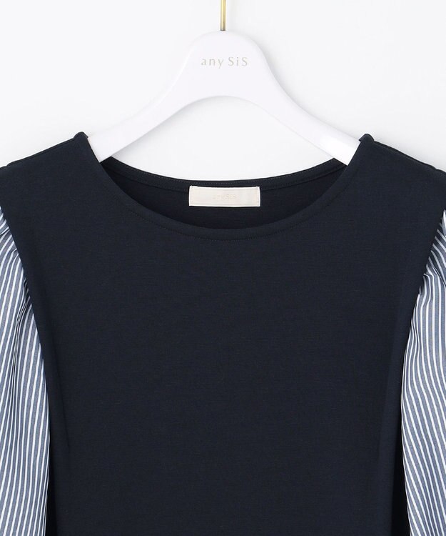ANY SIS 【洗える】異素材コンビネジリパフ袖 プルオーバー ネイビー×ネイビーストライプ