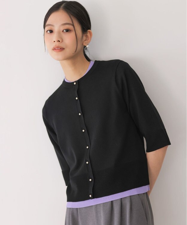 組曲 シアーニット5分袖 カーディガン ブラック系