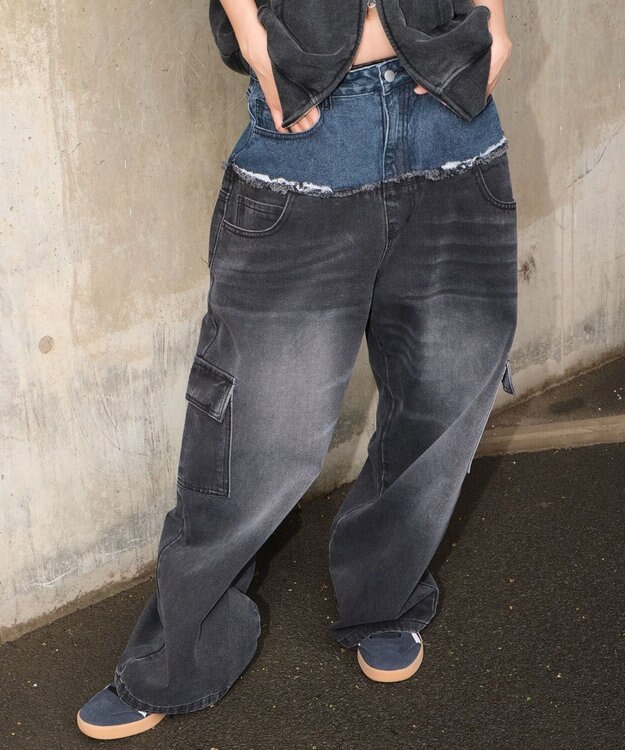 WEGO 【ユニセックス着用ITEM?MLサイズ展開】ダブルウエストカーゴデニムパンツ デニムブラックソノタ