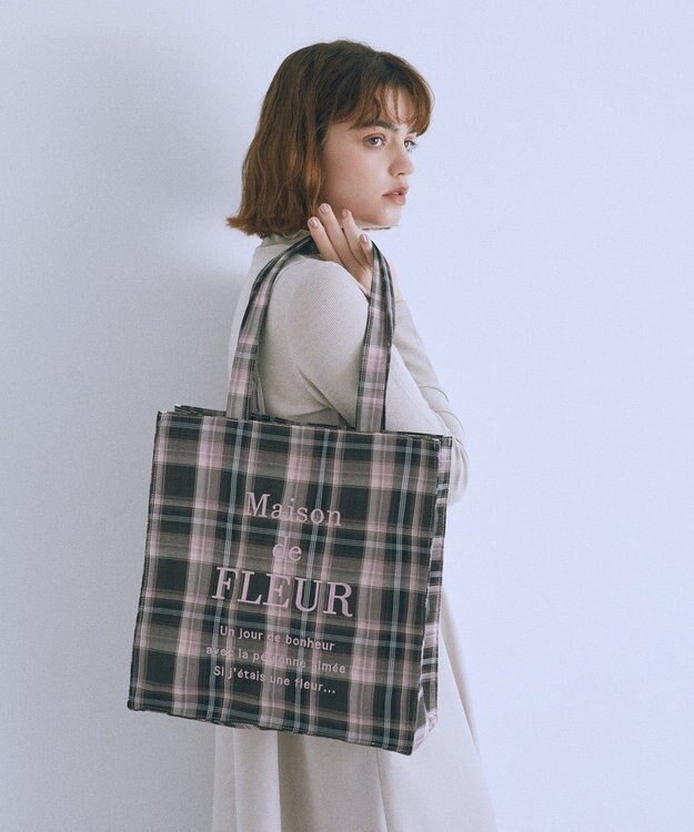 Maison de FLEUR ブランドロゴ刺繍チェックスクエアトート Brown