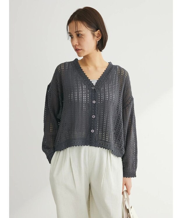 Green Parks インド綿　レース編みカーディガン Gray