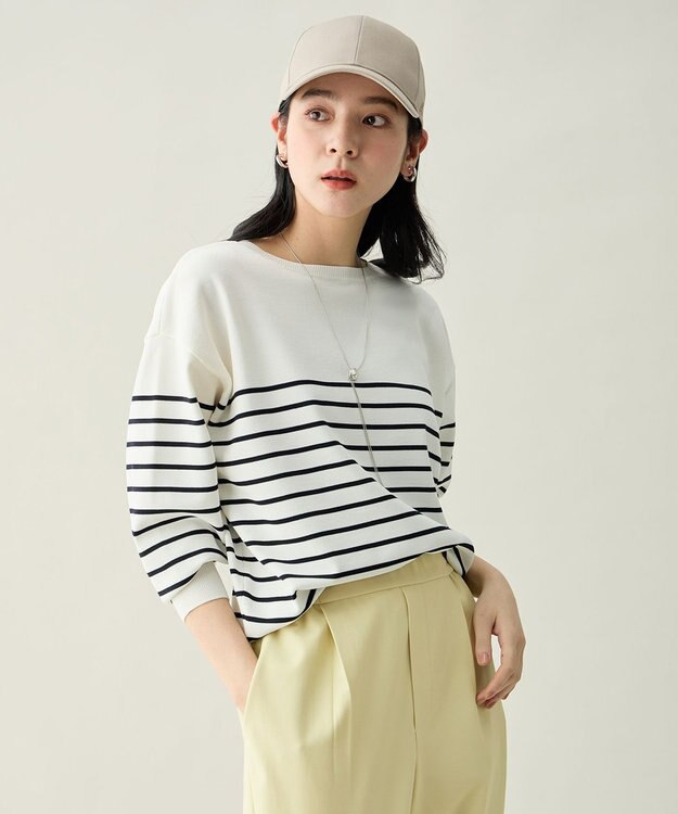 ANY スプリングカラーニットドルマンプルオーバー オフ×ネイビーボーダー