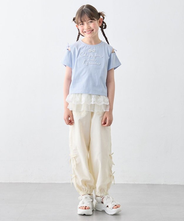 ANY KIDS 【洗濯機可能】肩あき ロゴ刺繍Tシャツ サックスブルー