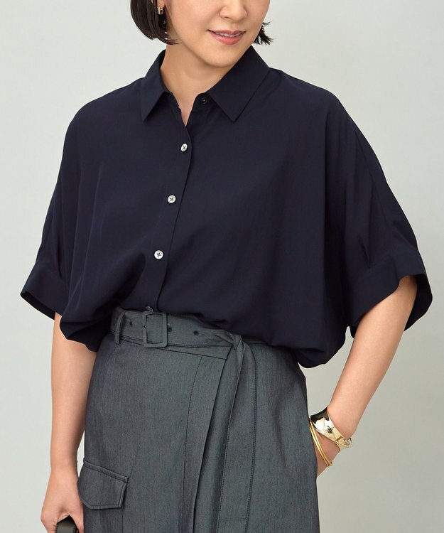 自由区 S 【接触冷感・UVケア・抗菌防臭・洗える】リヨセルポプリン ブラウス [新色]ネイビー