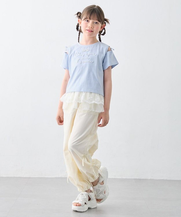 ANY KIDS 【洗濯機可能】肩あき ロゴ刺繍Tシャツ サックスブルー