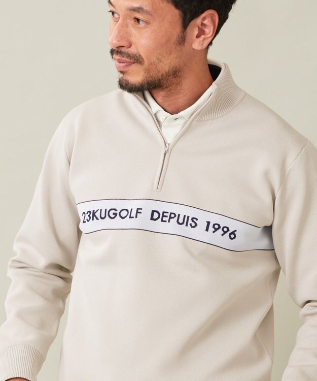 23区GOLF 【MEN】【 蓄熱裏地付き/ウォッシャブル】ロゴ ダブルジャガードニット ライトグレー系