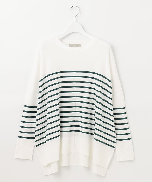 UNFILO 【抗菌防臭】スタイルアップニット　クルーネック ホワイト×グリーン