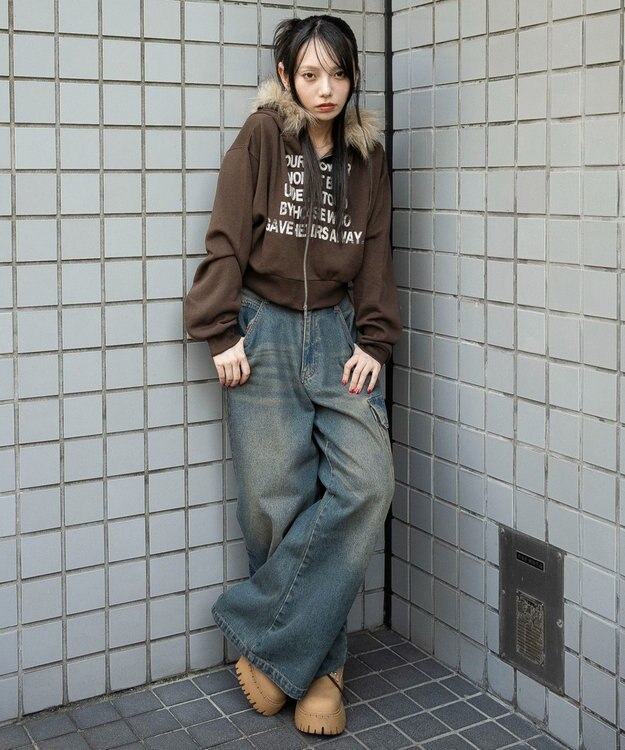 WEGO ファーフードショートZIPパーカー ブラウン