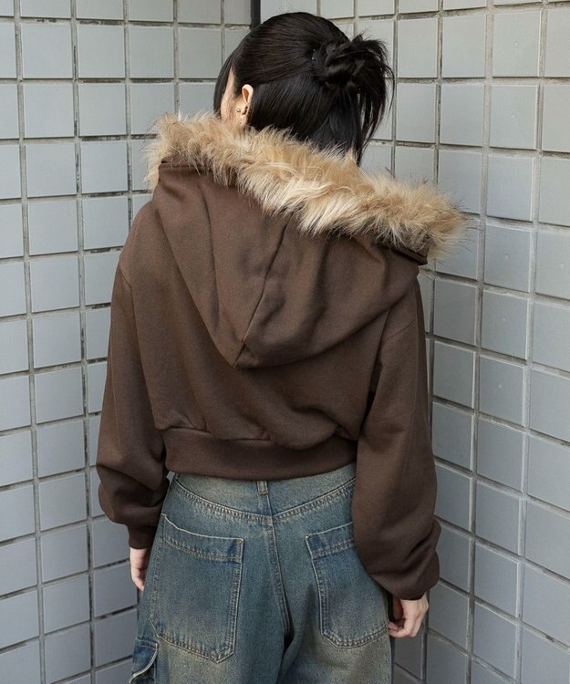 WEGO ファーフードショートZIPパーカー ブラウン