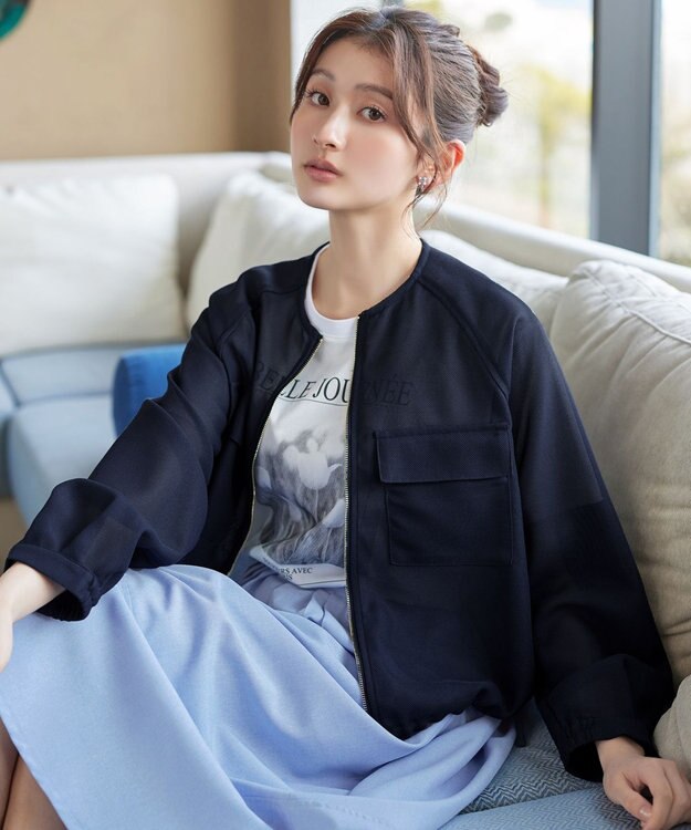 Tiaclasse メッシュジャガードノーカラーブルゾン ネイビー